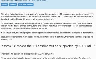 KDE Plasma 6.8 起将完全转向 Wayland
