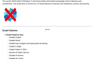 RemoveWindowsAI：移除 Windows 11 AI 功能的开源脚本